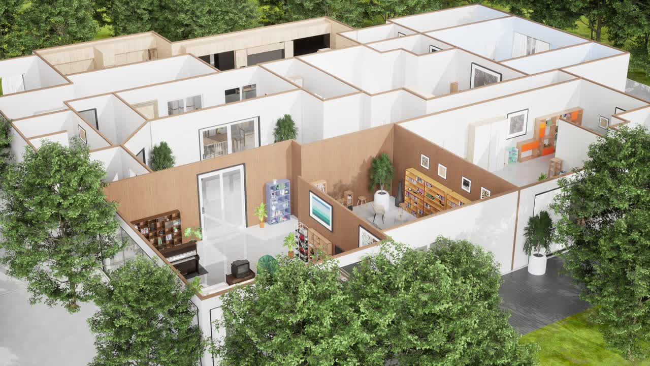 Vista cenital de un plano de planta de casa moderna con detalles interiores.