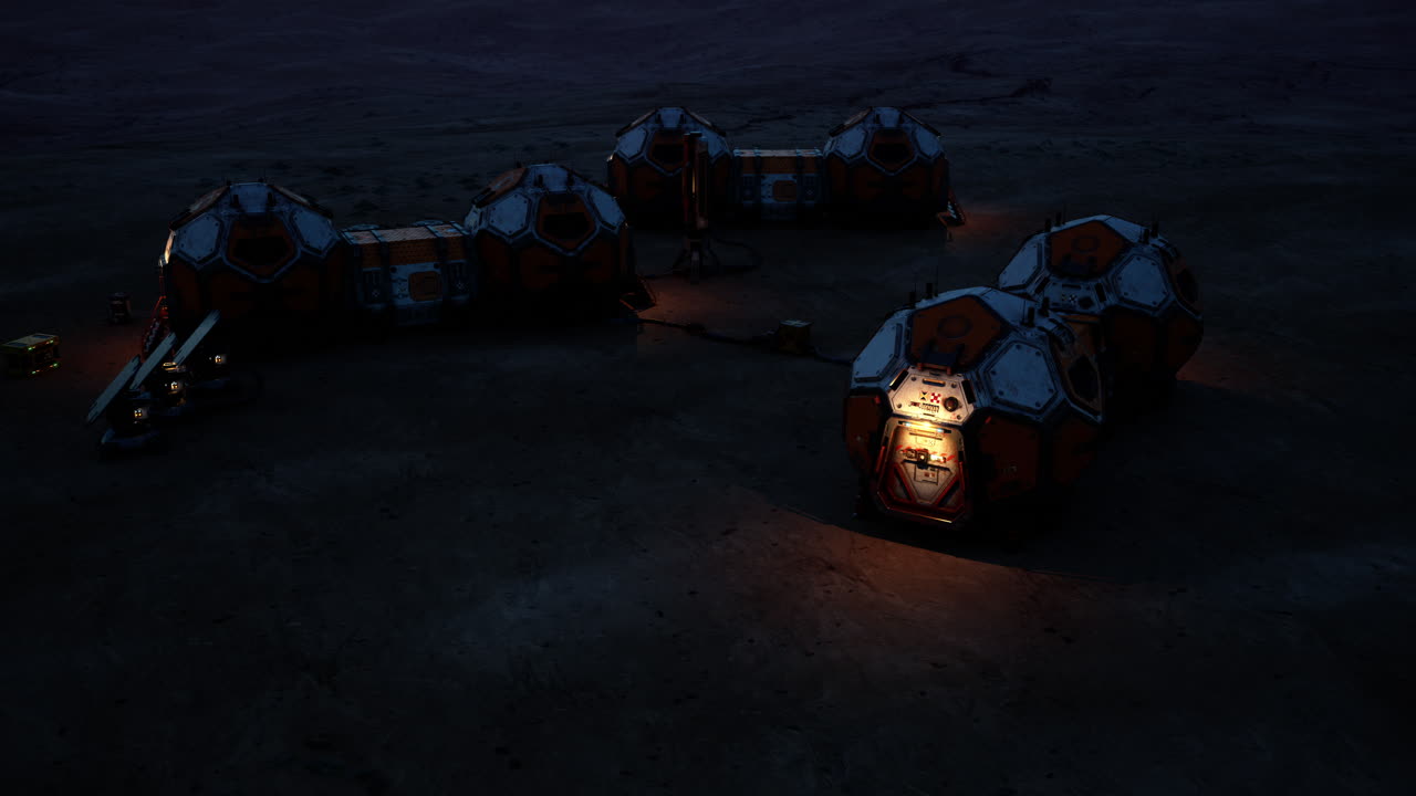 Mars colony base illuminated at night with modular habitats and equipment