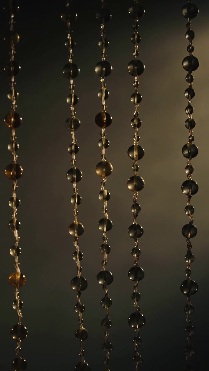 Vertical video: Shifting warm light nudging faceted bead curtain swaying, catching glints in room