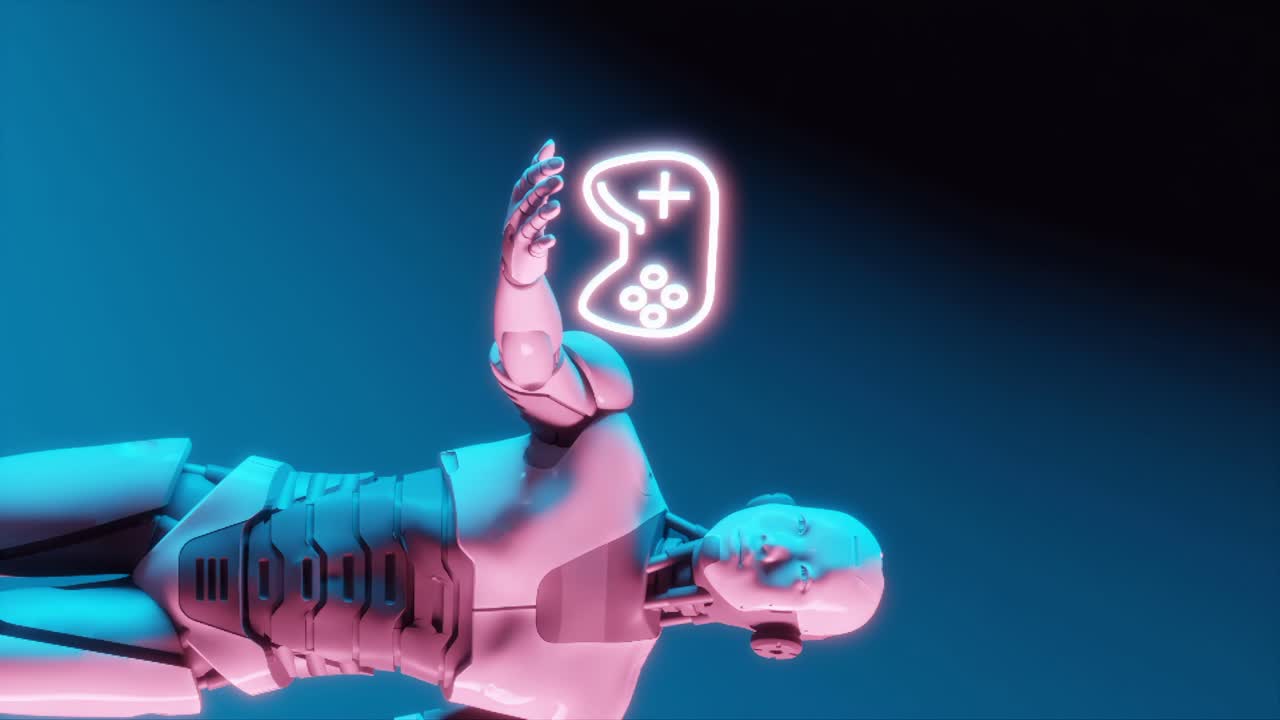 evolución tecnológica: robot que presenta un controlador de juego de neón vertical