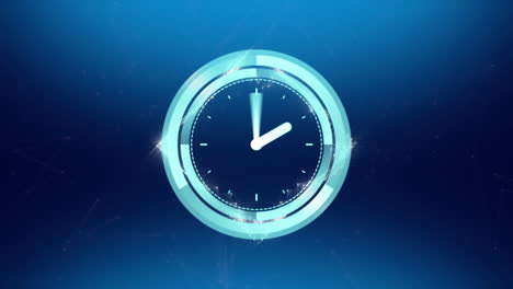 animación de un reloj con manecillas giratorias sobre una red cuadrada de conexiones sobre fondo azul