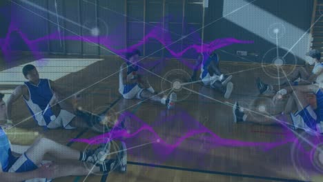 Animation-of-network-and-purple-waves-over-diverse-male-sports-team-training-in-gym