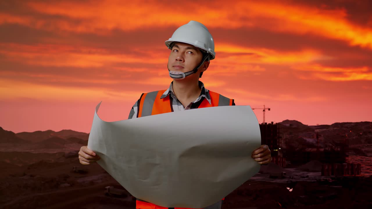 ingeniero de construcción revisando planos al atardecer