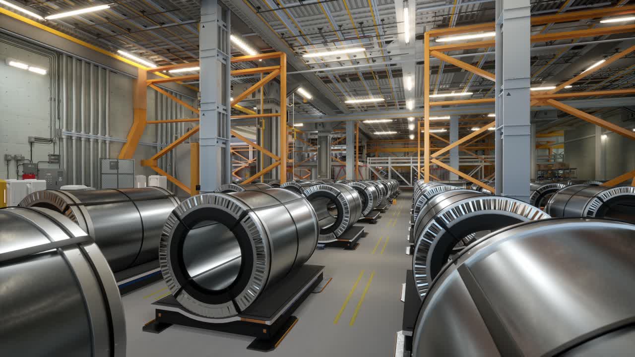 taller industrial y almacén para el almacenamiento y distribución de productos de una planta metalúrgica. el acero enrollado se almacena en filas en un almacén moderno