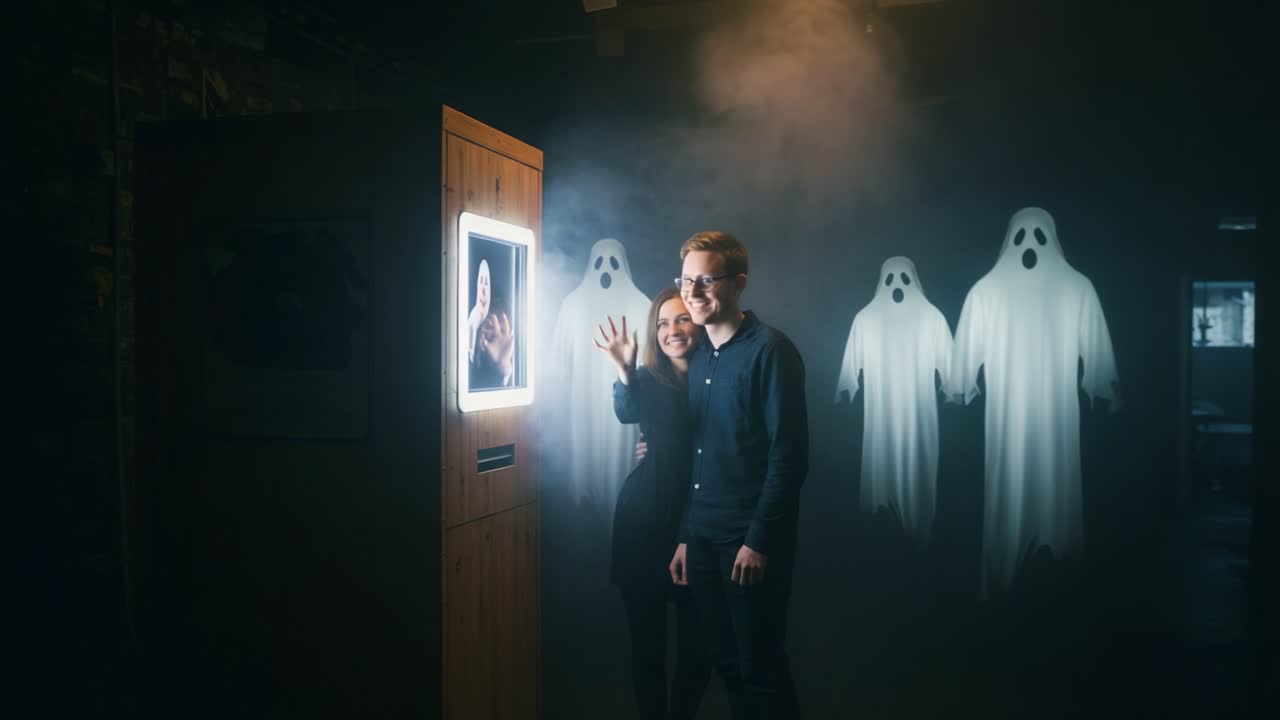 Una coppia posa davanti a una cabina fotografica luminosa mentre apparizioni spettrali incombono sullo sfondo, creando un'atmosfera inquietante ma giocosa che affascina gli spettatori.