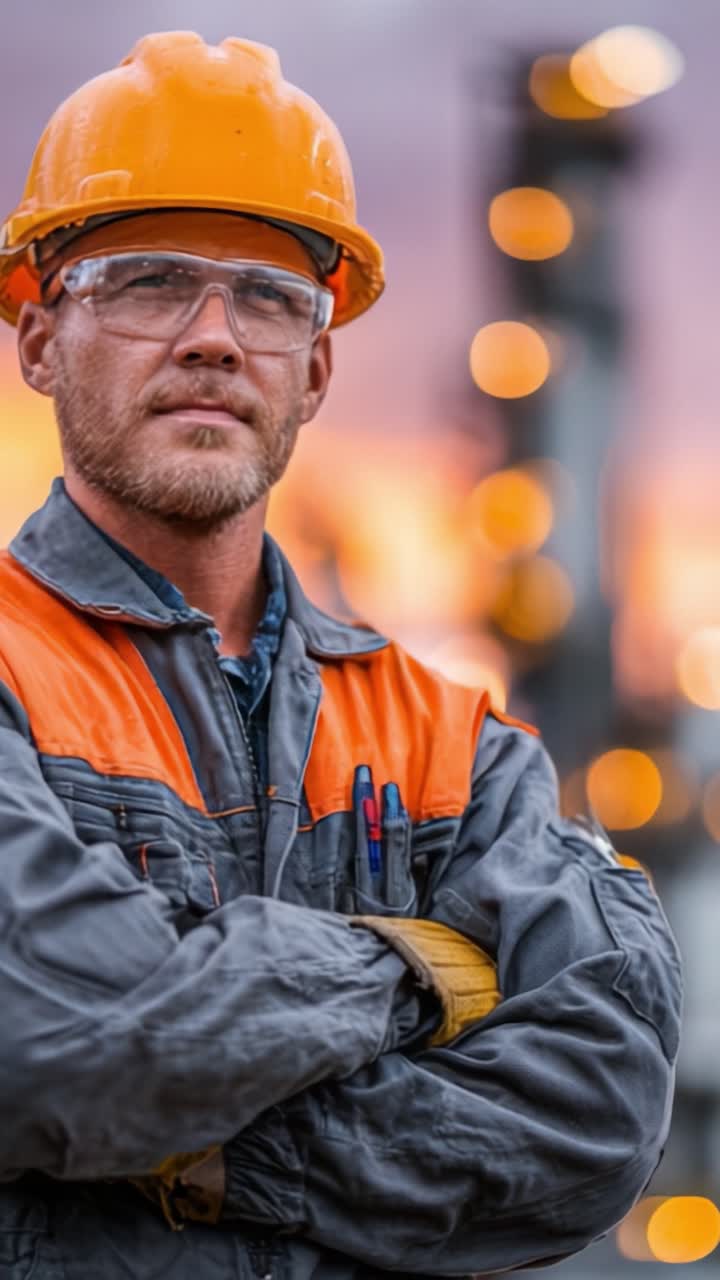 Un operaio industriale qualificato in equipaggiamento protettivo in piedi con sicurezza a braccia incrociate su uno sfondo di un bellissimo tramonto pieno di luci bokeh.