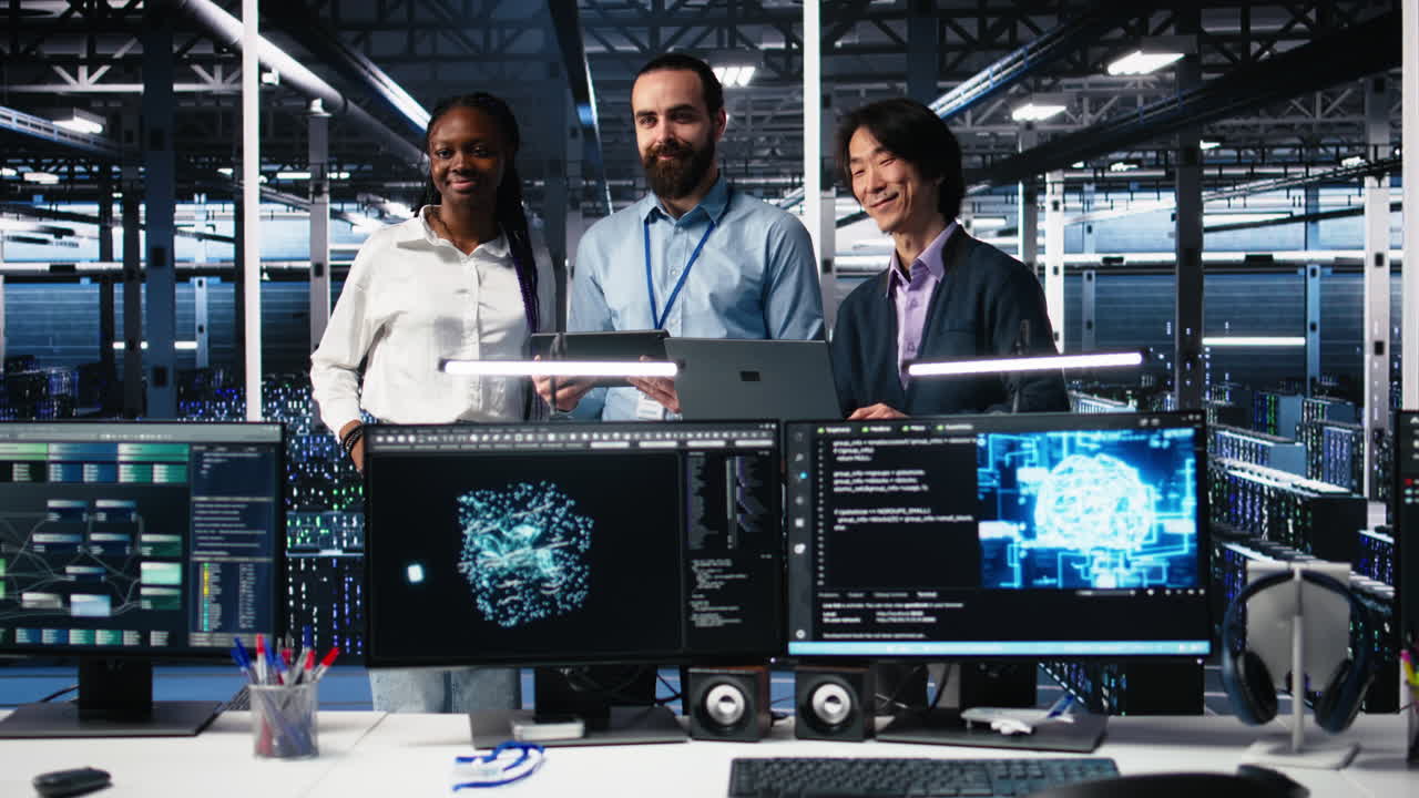 Happy Data Center Coworkers Monitoring Neural Network Ai Llm