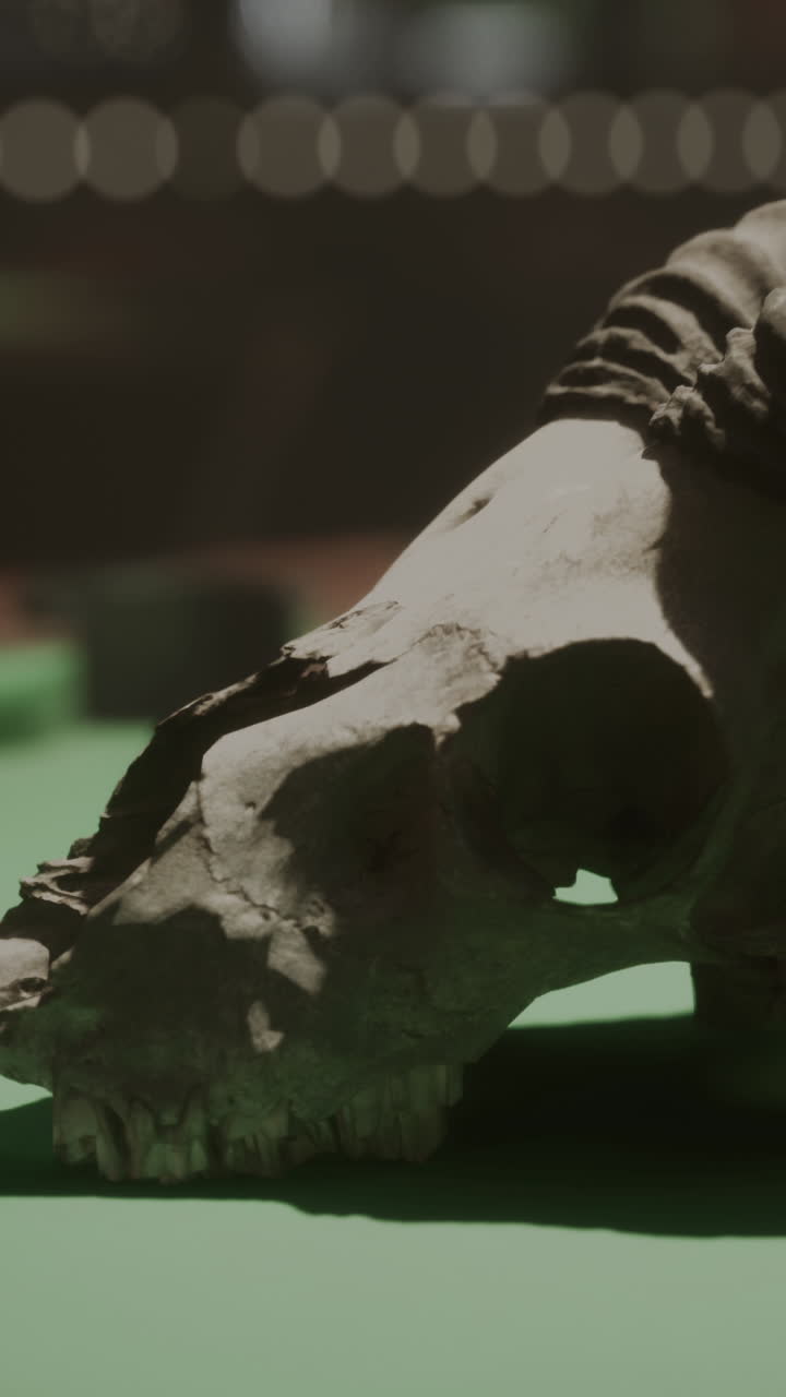 cráneo de animal en una mesa verde