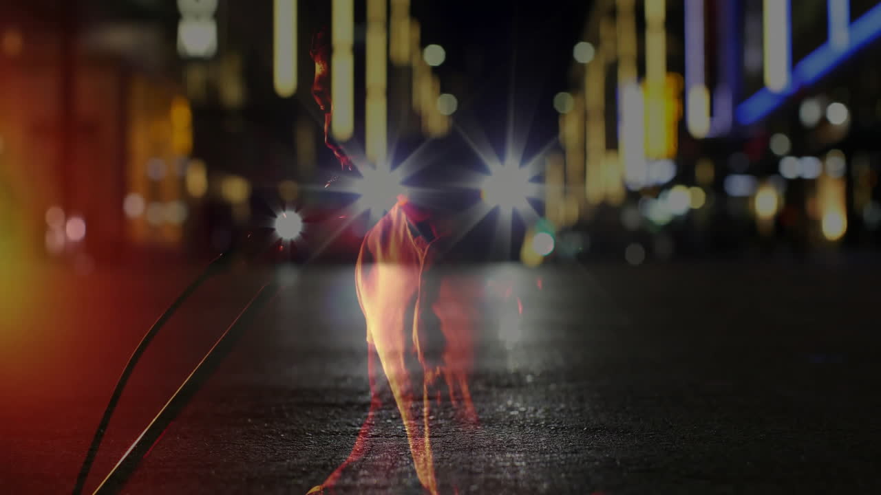 male walking shirtless along dark urban street at night, displaying animated neon technology charts