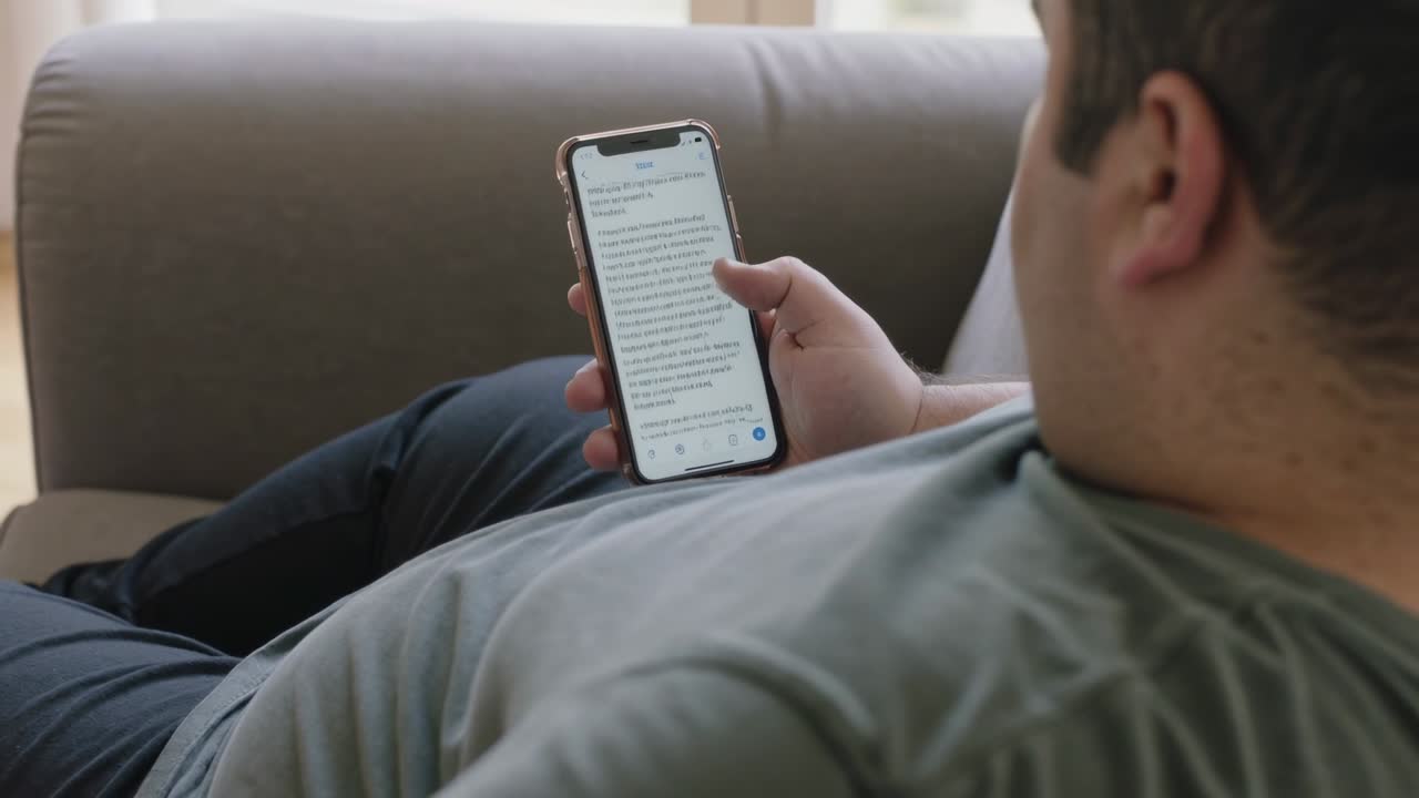 Ležící dospělý muž v šedém tričku posouvající text na smartphonu, aby četl pravým palcem, na pohovce.