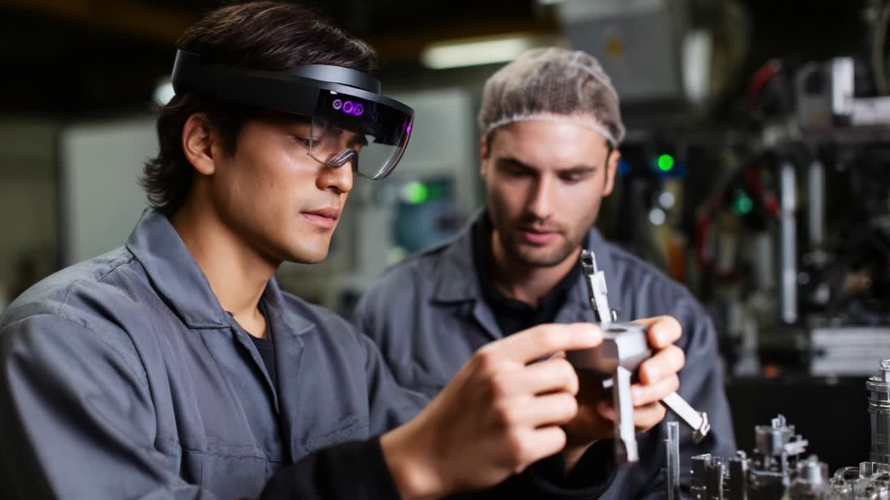 Two technicians in a modern manufacturing environment interactively collaborating on precision equipment, utilizing augmented reality technology for real-time analysis and adjustments of components