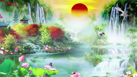 paisaje misterioso animación de arte digital oriental tradicional de china, pintura china retro tinta montaña brumosa con flores, árboles, pájaros, río en el fondo de la niebla