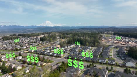 aerial view of suburban houses with rising price animations under the shadow of mount rainier