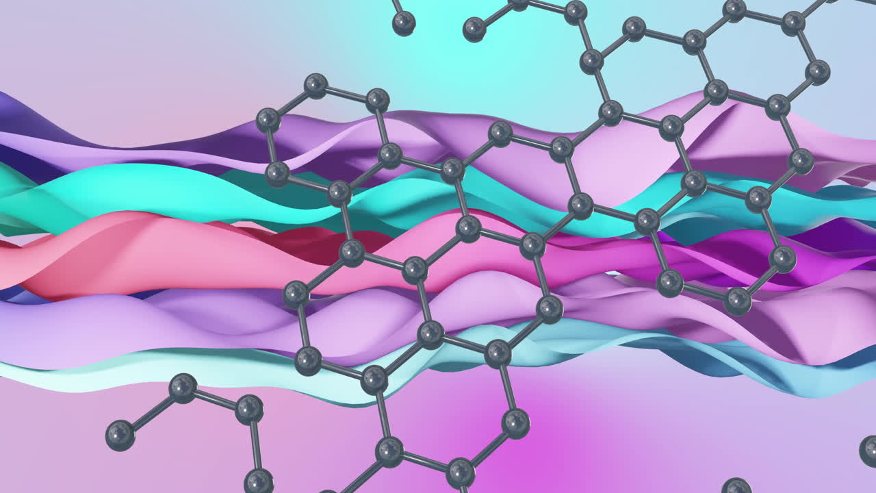 animación de la estructura molecular sobre un fondo abstracto colorido y ondulado