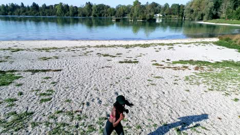 drone shot of young attractive black female doing sports outdoors
