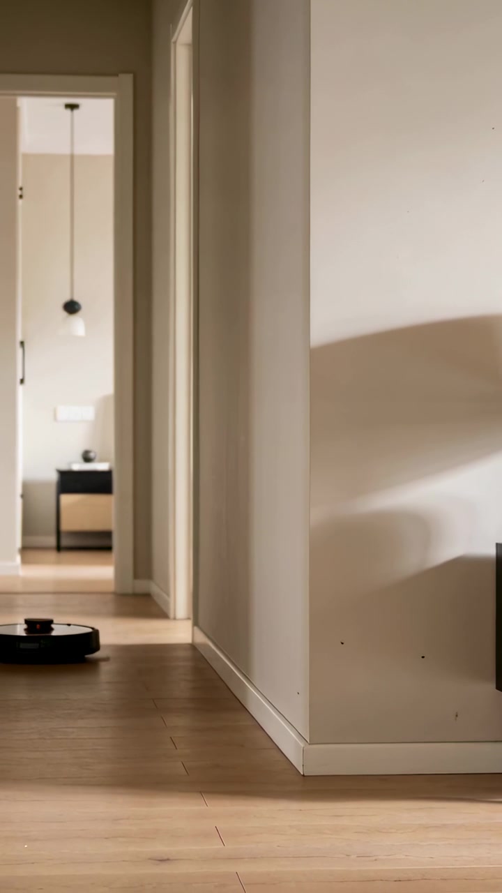 Video verticale: Timer che si avvia, mini aspirapolvere robotico che si muove sul pavimento in legno verso il corridoio, pulendo