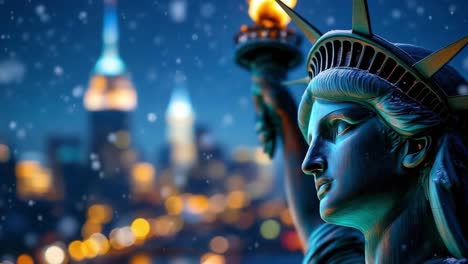close up of statue of liberty covered with snow during night with blurred city skyline in background