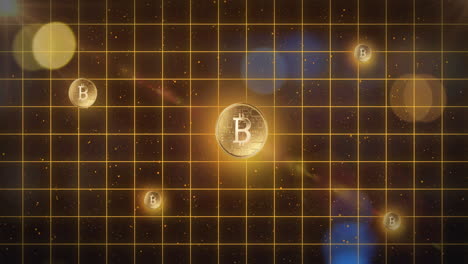 símbolos de bitcoin y animación de cuadrícula sobre el fondo de espacio estrellado