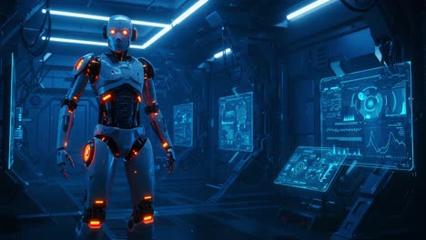 futuristic robot in high-tech environment: a glimpse into advanced robotics with glowing features and interactive digital displays