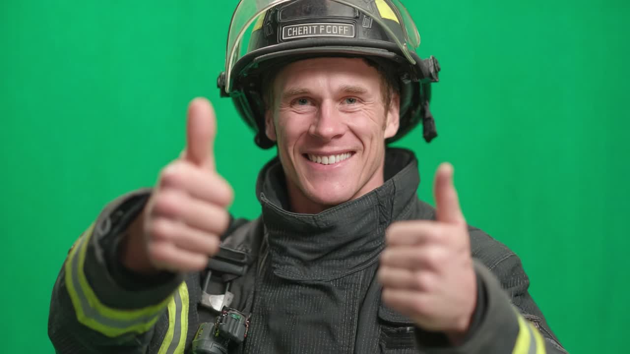 A Cheerful Firefighter Giving Two Thumbs Up Against a Green Background, Showcasing a Positive Attitude and Professionalism in Service