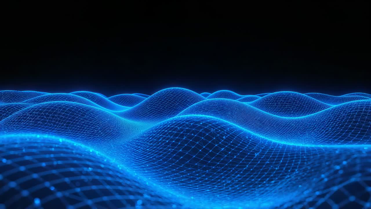 Starting playback glowing blue grid mesh with pulsing nodes oscillating looping in deep black void