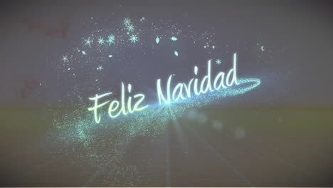 animation of feliz navidad text in glowing blue, with stars and stardust, on dark background