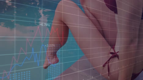 animación de gráficos de datos financieros sobre personas que se relajan en la piscina