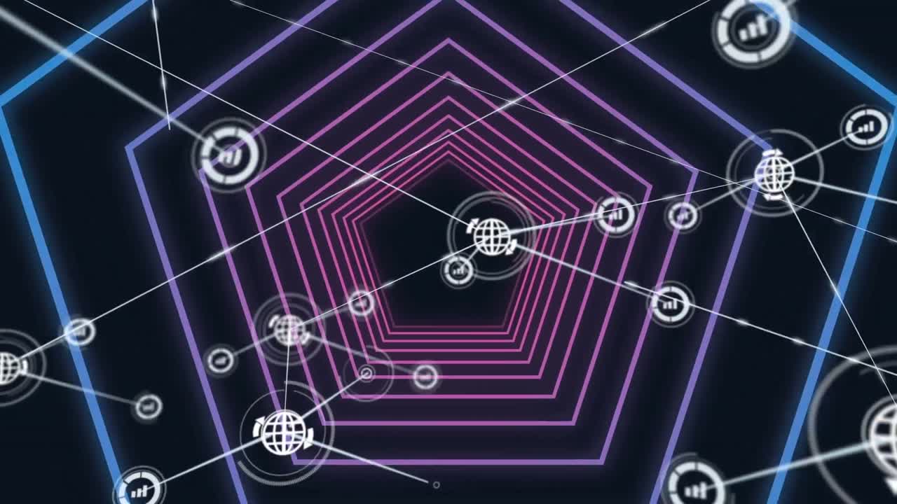 검은 바탕에 보라색 빛나는 육각형 터널에 대한 디지털 아이콘의 네트워크