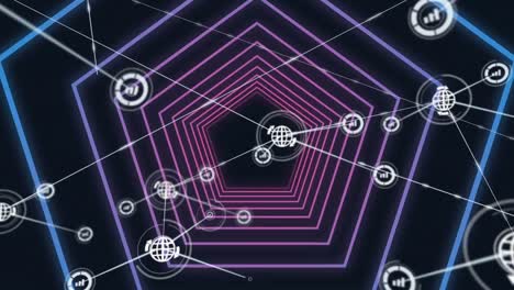 Network-of-digital-icons-against-purple-glowing-hexagonal-tunnel-on-black-background