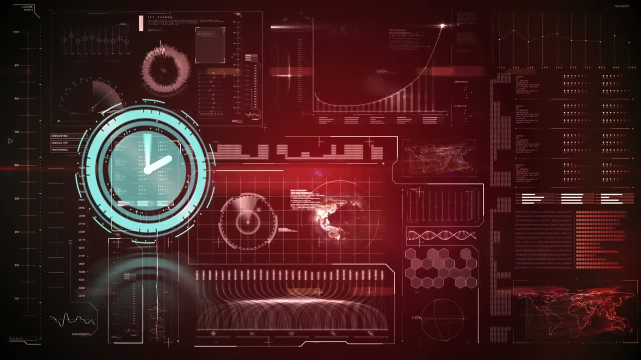 Animation of clock moving over data processing on black background