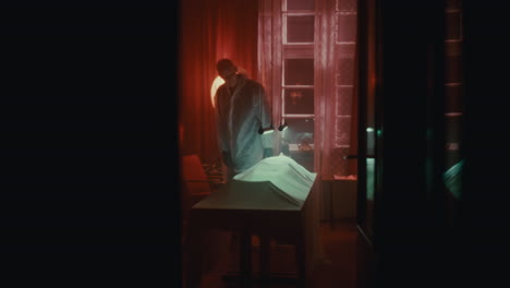 a suspicious scene in a dark room