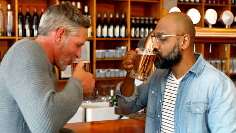 amigos brindando un vaso de cerveza en el mostrador en el restaurante 4k