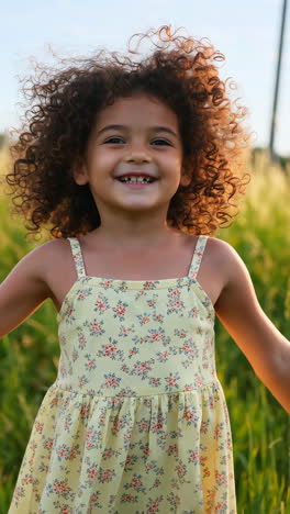 happy young girl with curly hair smiling in a sunny field
