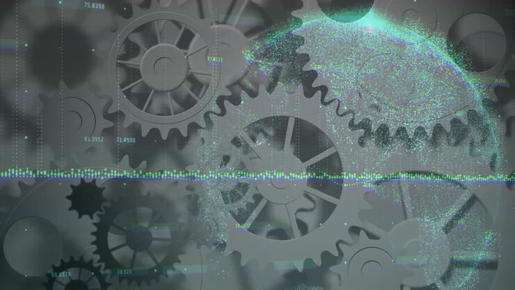 Gears and data processing animation over digital globe and binary coding