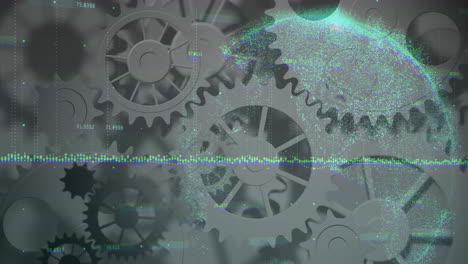 gears and data processing animation over digital globe and binary coding