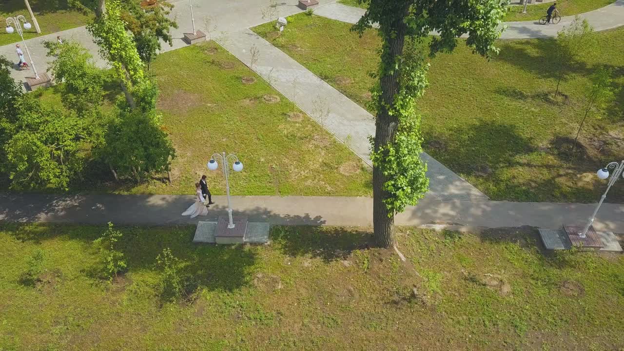 sólo una pareja casada camina a lo largo del parque verde vista aérea