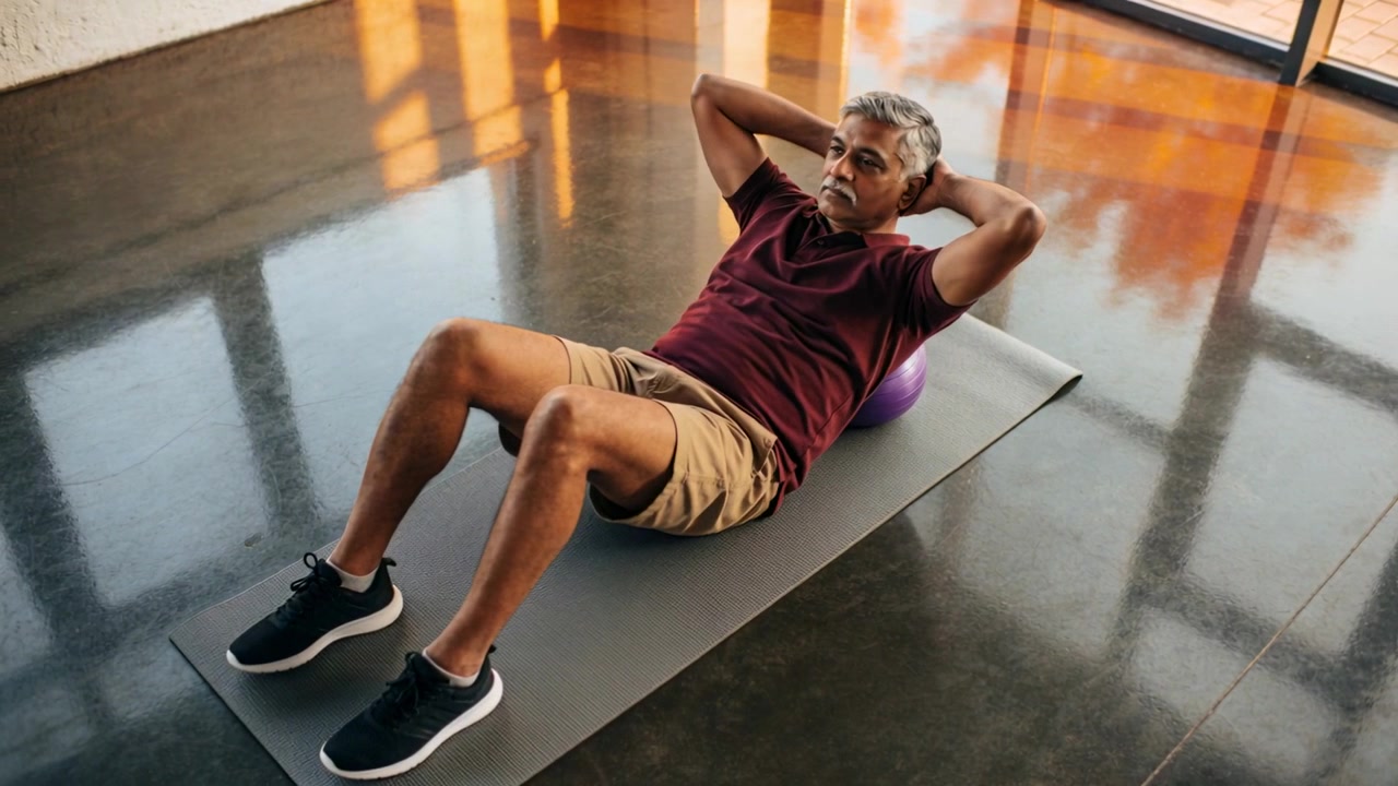 Uomo con le mani dietro la testa che fa addominali su una palla fitness viola, indossando una polo bordeaux.