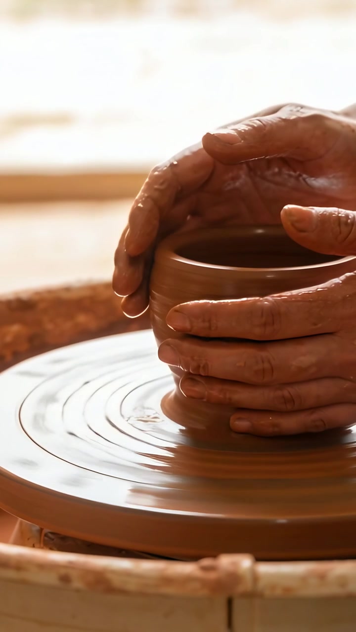 Video verticale: Artigiano che modella il bordo di un vaso sul tornio vicino alla finestra, rifinendo il pezzo, con maniche corte.