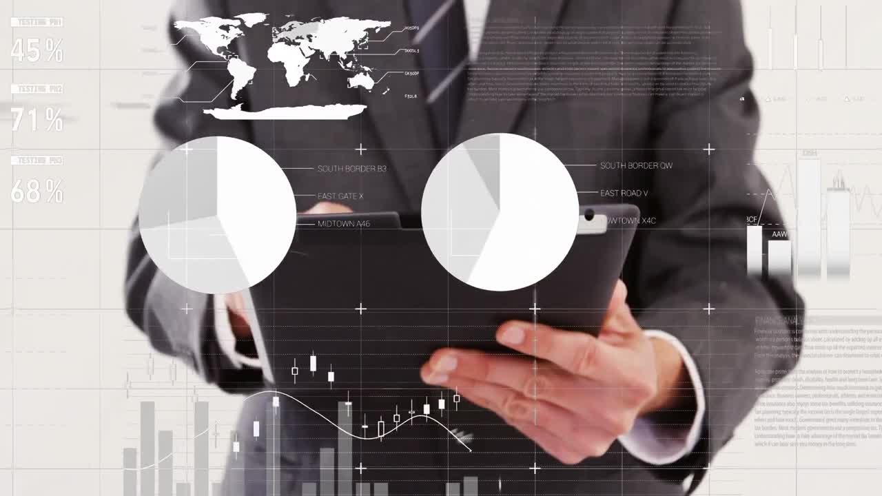 animación de procesamiento de datos estadísticos contra la sección media del empresario que utiliza la tableta en la oficina
