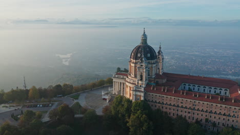 Aerial-view-of-Superga-Basilica-at-sunset-Turin-Italy