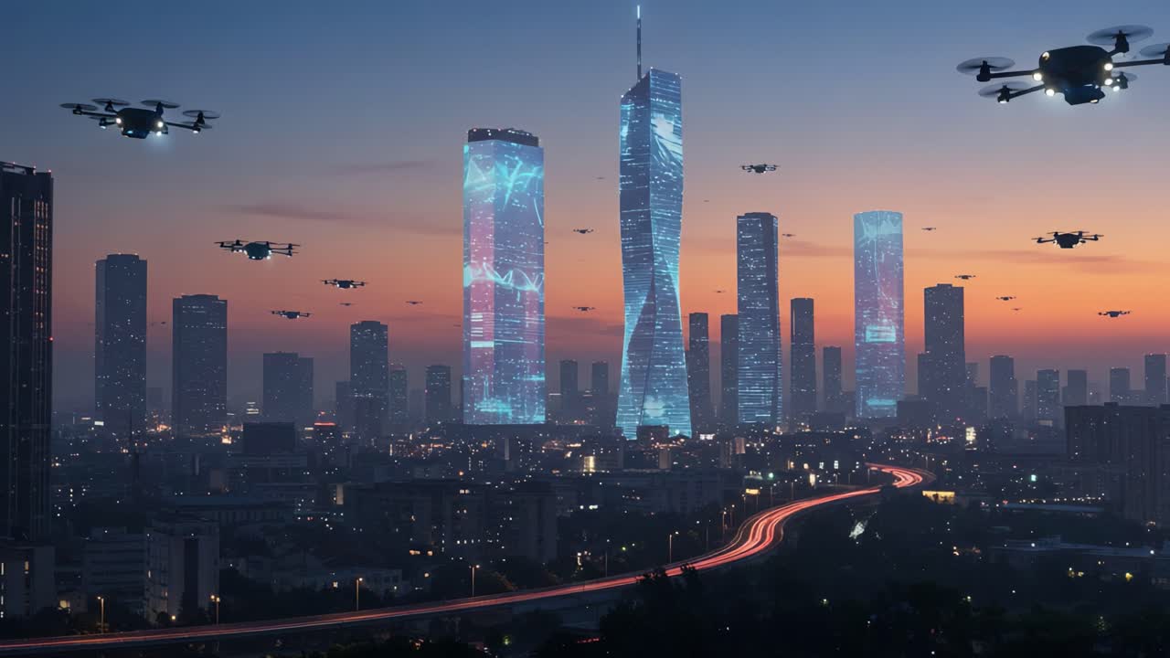 A Futuristic Cityscape at Dusk with Drones and Illuminated Skyscrapers ...