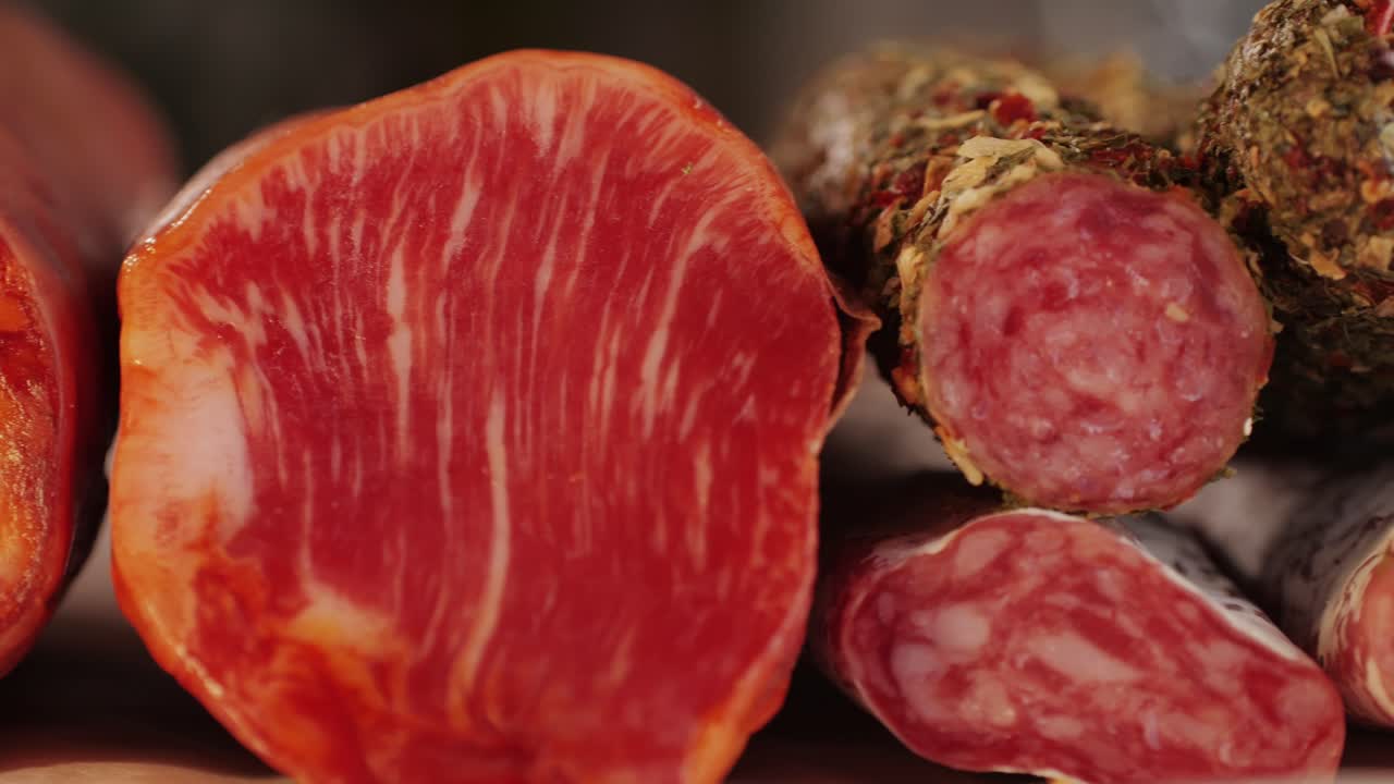 Mix of spanish pork sausages, Cutting board of appetizing catalonian snack - fuet, jamon, chorizo, olives, supermarket tapas food in spain, traditional cuisine.