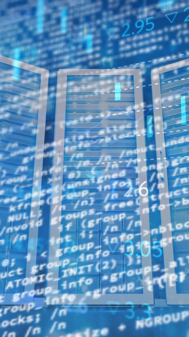 Animation af databehandling og diagram over et serverrum
