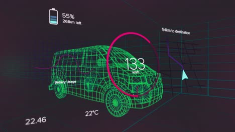 animation of network of eco icons over 3d van drawing
