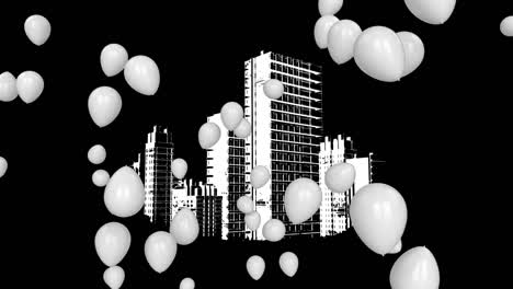 animación de globos y paisaje urbano sobre fondo negro