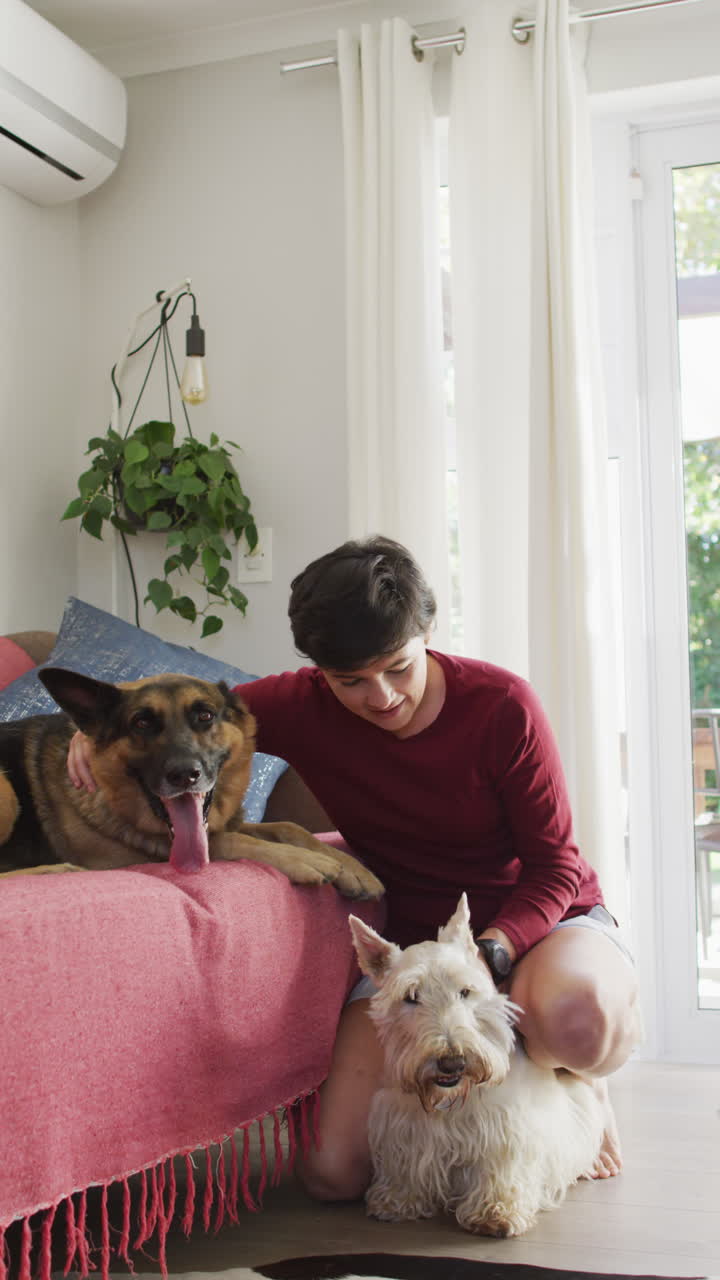 행복한 백인 여성이 집에서 개를 만지는 수직 비디오