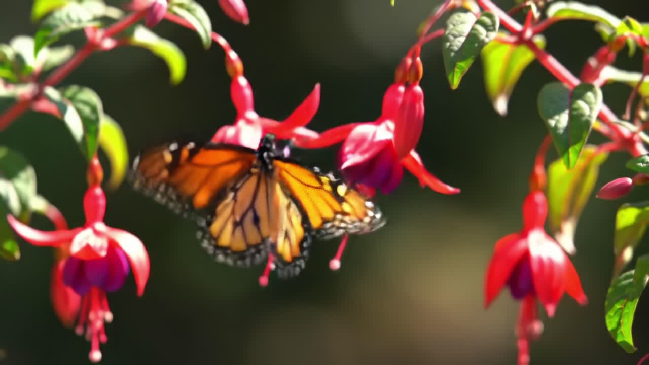 A Beautiful Monarch Butterfly Graces Vibrant Fuchsia Flowers in a Lush Garden, Showcasing Nature's Colorful Harmony and Delicate Interaction of Pollination