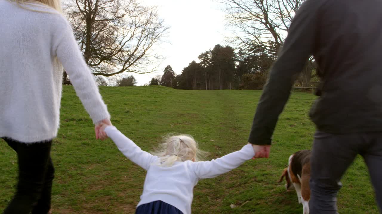 r3d에서 애완 동물 개와 함께 겨울 시골 산책에 가족 촬영