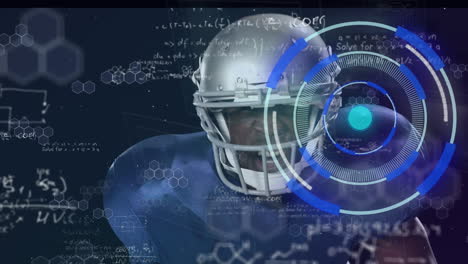 Animation of data processing over african american male rugby player preparing before match