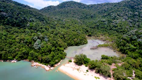 aerial drone rotating shot over meromictic lake surrounded by lush green vegetation in penang national park, penang, malaysia at daytime